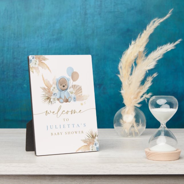 Boho Teddy Bear Baby Shower Boy Blue Bear Welcome  Plaque (Side)