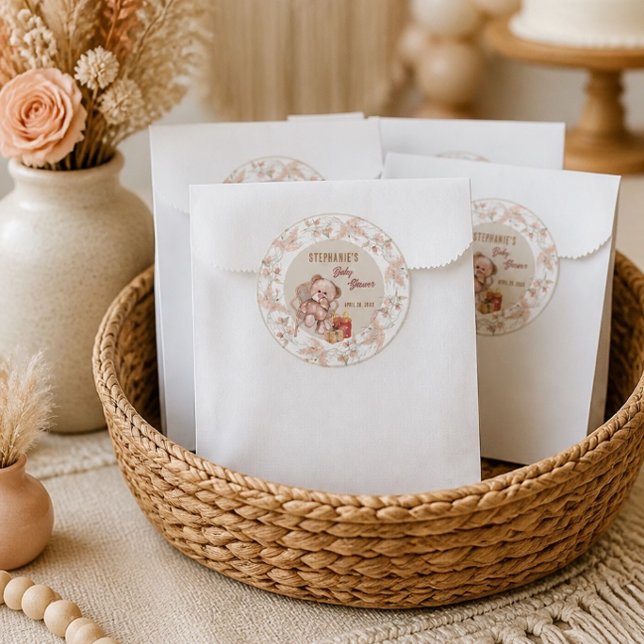 Boho Teddy Bear Baby Shower Classic Round Sticker (Creator Uploaded)