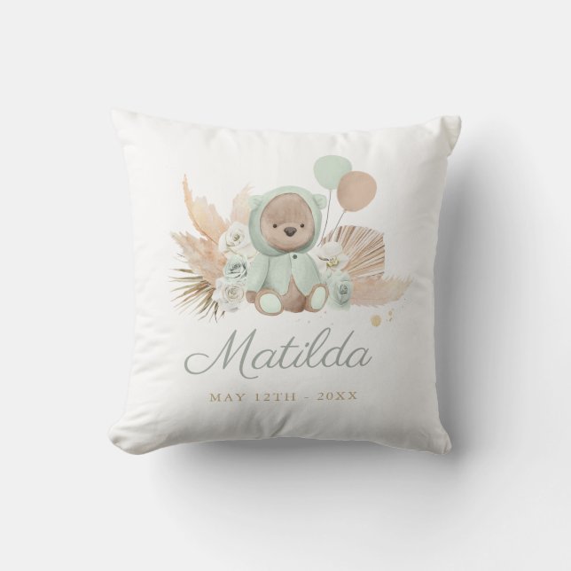Boho Teddy Bear Baby Shower Gift Sage Green Cushion (Front)