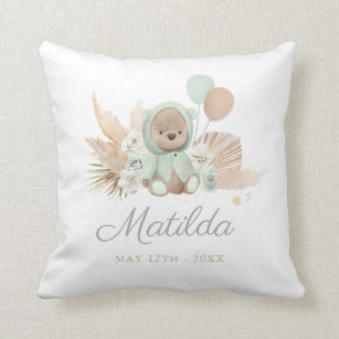Boho Teddy Bear Baby Shower Gift Sage Green Cushion