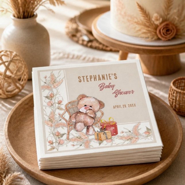 Boho Teddy Bear Baby Shower Napkin (Creator Uploaded)