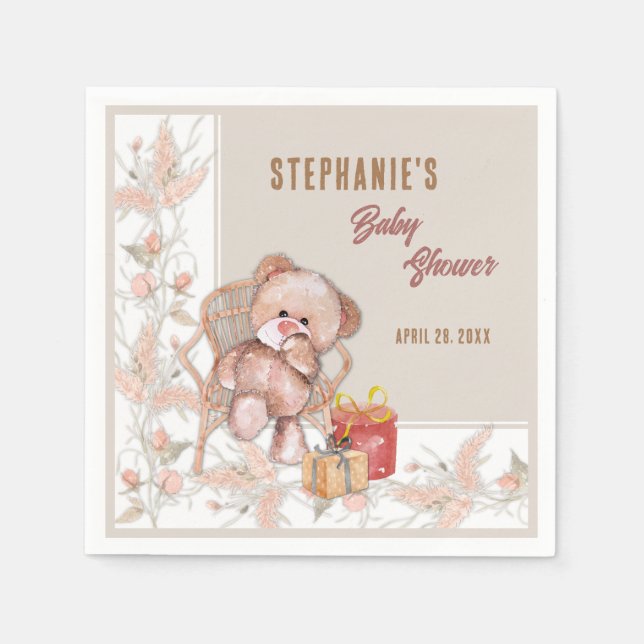 Boho Teddy Bear Baby Shower Napkin (Front)