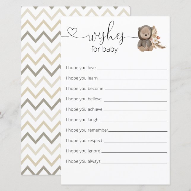 Boho Teddy Bear Baby Shower Wishes For Baby (Front/Back)