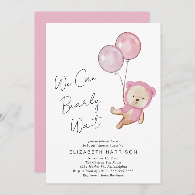 Boho Teddy Bear Balloons Baby Girl Shower Invitation (Front/Back)