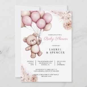 Boho Teddy Bear Balloons Baby Shower Invitation