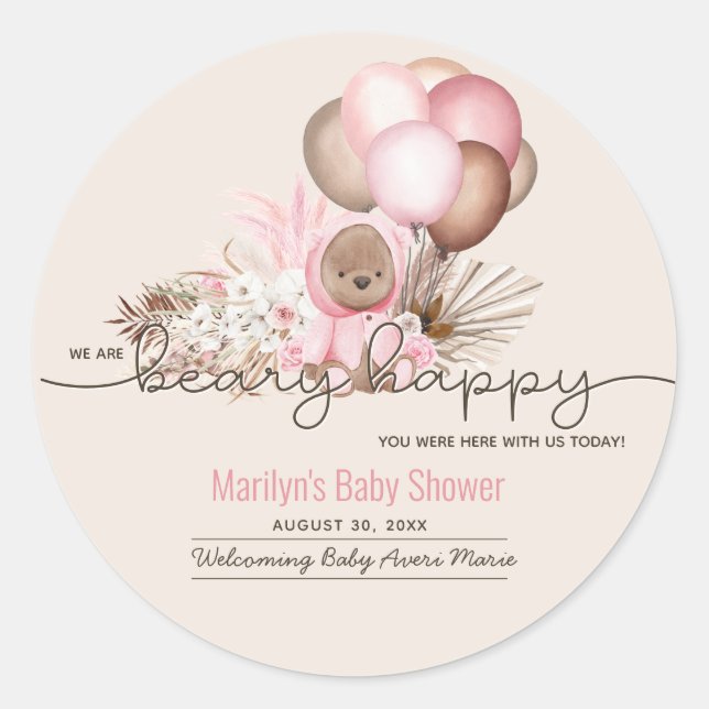 Boho Teddy Bear & Balloons Bearly Wait Baby Shower Classic Round Sticker (Front)