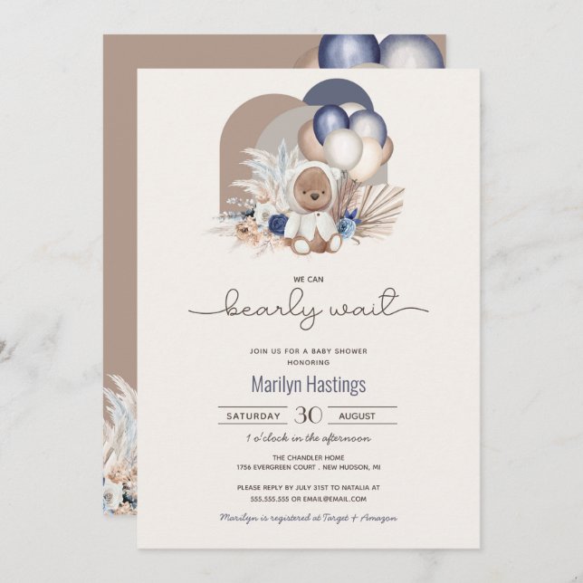 Boho Teddy Bear & Balloons Bearly Wait Baby Shower Invitation (Front/Back)
