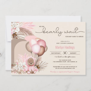 Boho Teddy Bear & Balloons Bearly Wait Baby Shower Invitation