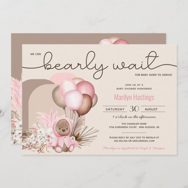 Boho Teddy Bear & Balloons Bearly Wait Baby Shower Invitation (Front/Back)