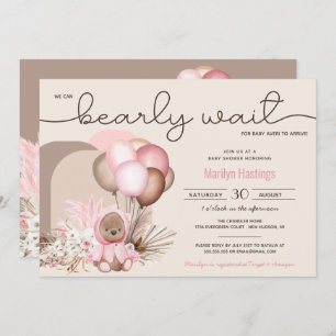 Boho Teddy Bear & Balloons Bearly Wait Baby Shower Invitation