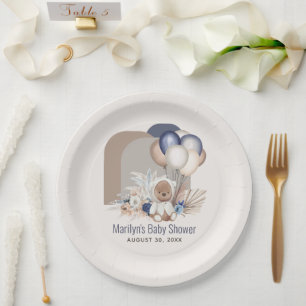 Boho Teddy Bear & Balloons Bearly Wait Baby Shower Paper Plate