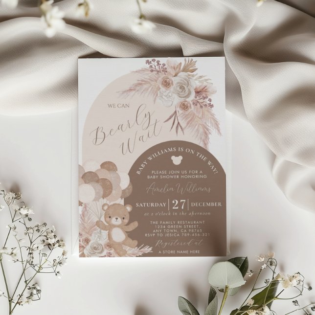 Boho Teddy Bear Bearly Wait Baby Shower Brown Invitation (Creator Uploaded)