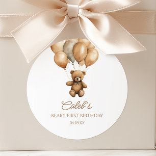 Boho Teddy Bear Beary First 1st Birthday Party Classic Round Sticker