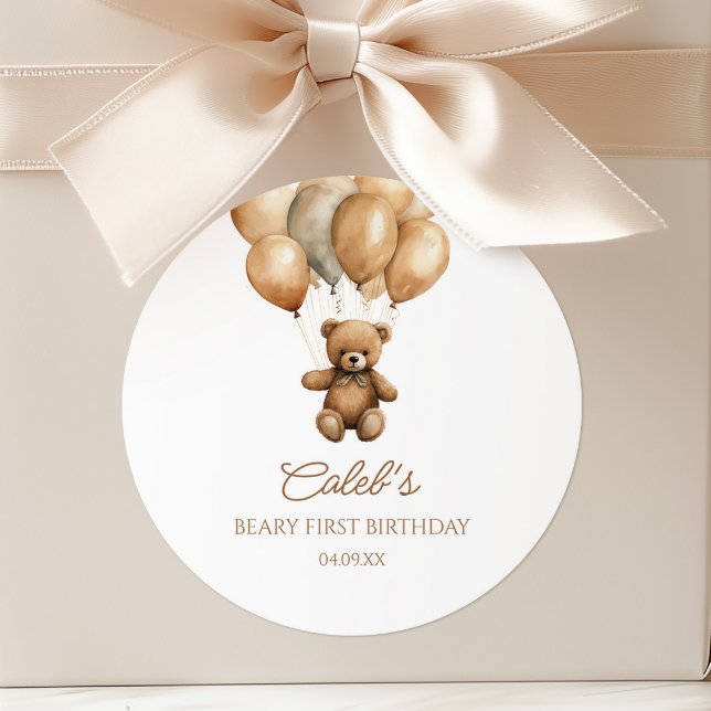  Boho Teddy Bear Beary First 1st Birthday Party Classic Round Sticker (Creator Uploaded)