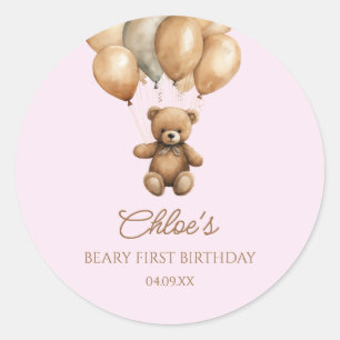  Boho Teddy Bear Beary First 1st Birthday Party Classic Round Sticker