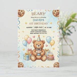 Boho Teddy Bear Beary First 1st Birthday Party Invitation