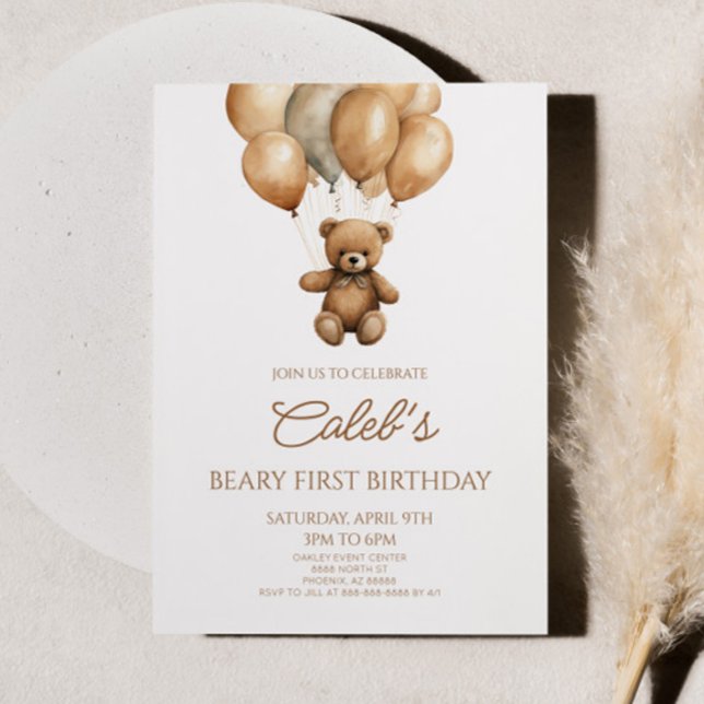  Boho Teddy Bear Beary First 1st Birthday Party Invitation (Creator Uploaded)