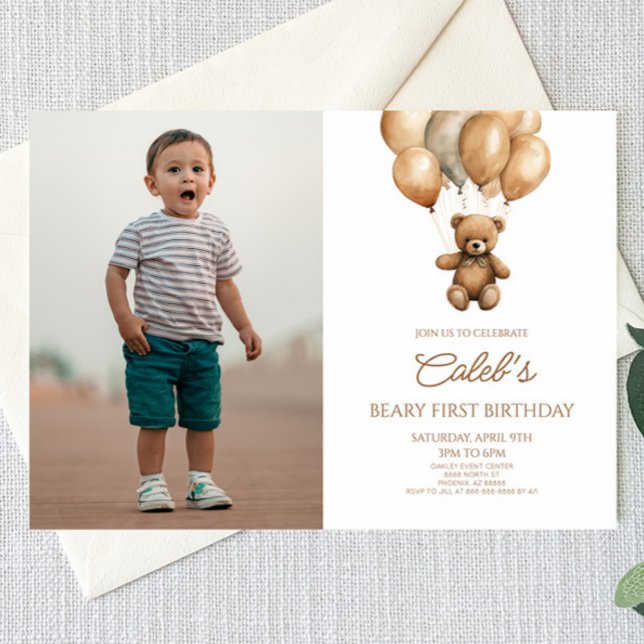 Boho Teddy Bear Beary First 1st Birthday Party Invitation (Creator Uploaded)