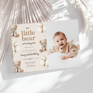 Boho Teddy Bear Beary First 1st Birthday Photo Invitation