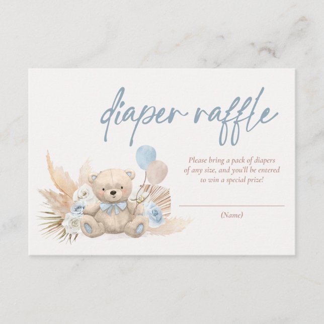 Boho Teddy Bear Blue Baby Shower Diaper Raffle Enclosure Card (Front)