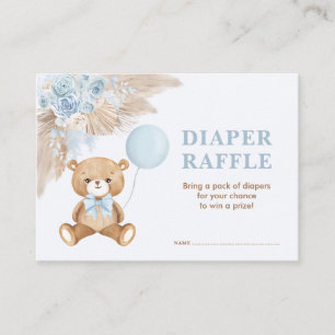 Boho Teddy Bear Blue Balloon Diaper Raffle Enclosure Card