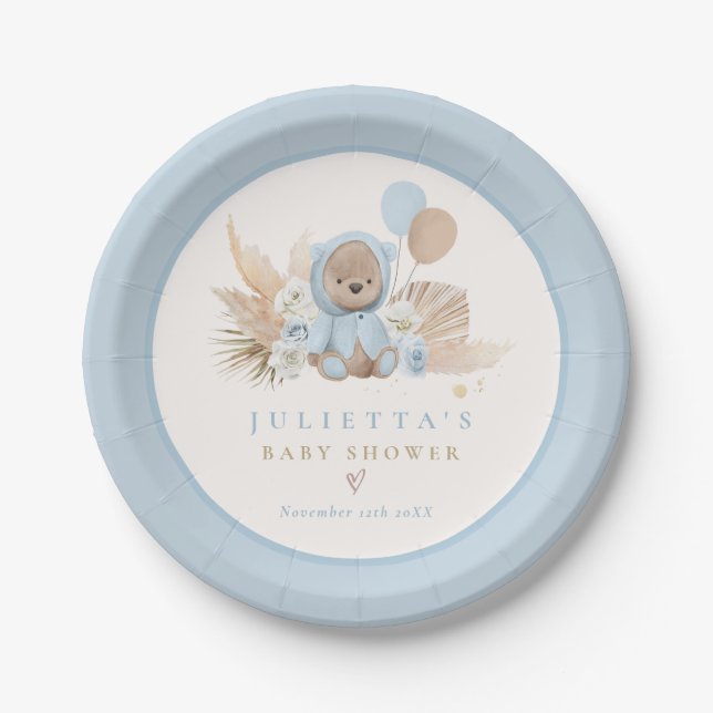 Boho Teddy Bear Blue Bearly Wait Baby Shower Paper Plate (Front)