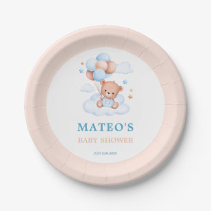 Boho Teddy Bear Blue Tan Bearly Wait Baby Shower Paper Plate