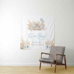 Boho Teddy Bear Boy Blue Baby Shower Welcome Sign Tapestry