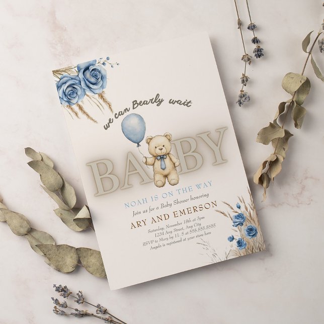 Boho Teddy Bear Boy Blue Bearly Wait Baby Invitation (Creator Uploaded)