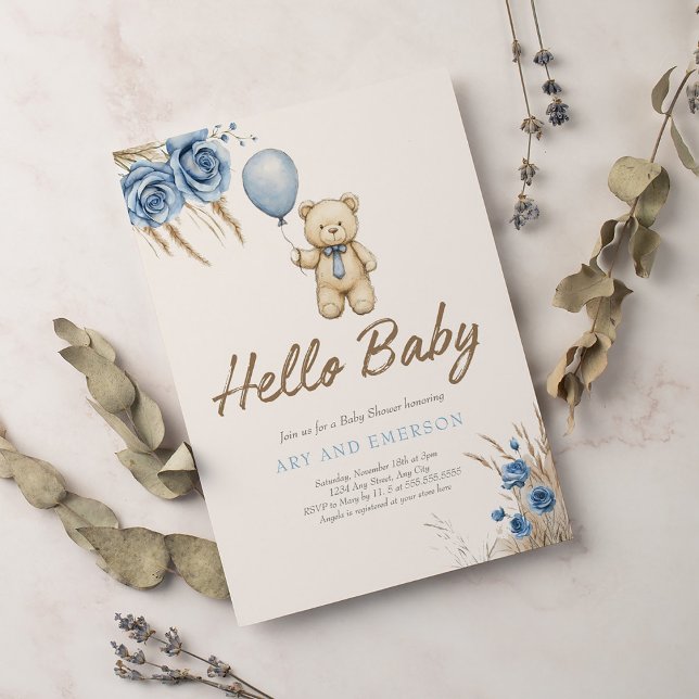 Boho Teddy Bear Boy Blue Bearly Wait Baby Invitation (Creator Uploaded)