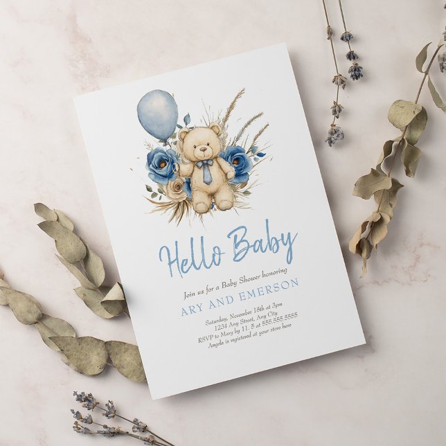 Boho Teddy Bear Boy Blue Bearly Wait Baby Invitation (Creator Uploaded)