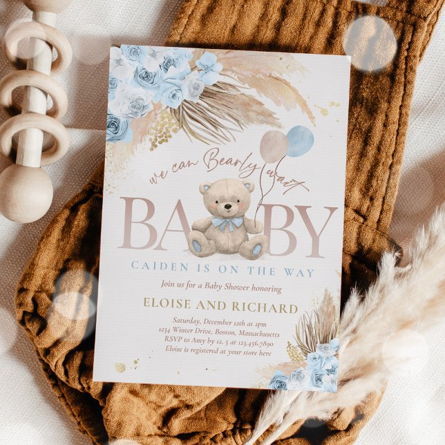 Boho Teddy Bear Boy Blue Bearly Wait Baby Shower Invitation (Creator Uploaded)