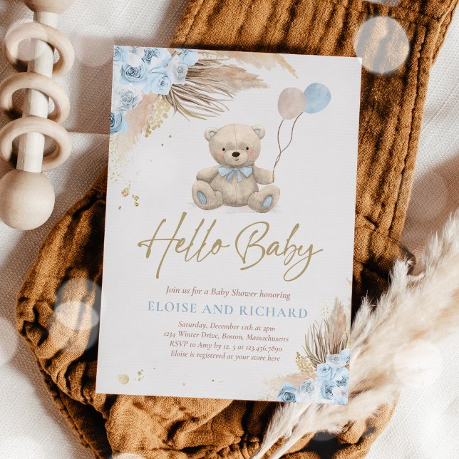 Boho Teddy Bear Boy Blue Bearly Wait Baby Shower Invitation (Creator Uploaded)