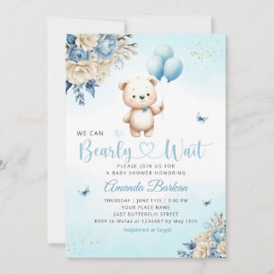 Boho Teddy Bear Boy Blue Bearly Wait Baby Shower  Invitation