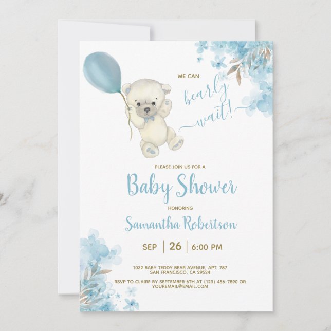Boho Teddy Bear Dusty Blue Balloon Boy Baby Shower Invitation (Front)