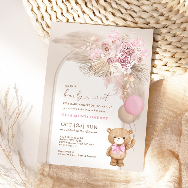 Boho Teddy Bear Dusty Pink Floral Baby Girl Shower Invitation (Creator Uploaded)