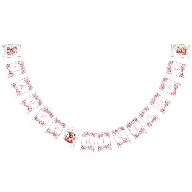 Boho Teddy Bear Girl Pink Bear Floral Birthday  Bunting (All)