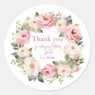 Boho Teddy Bear Girl Pink Bear Floral Birthday Classic Round Sticker