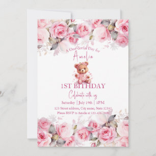 Boho Teddy Bear Girl Pink Bear Floral Birthday  Invitation