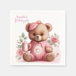 Boho Teddy Bear Girl Pink Bear Floral Birthday Napkin