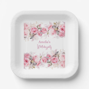 Boho Teddy Bear Girl Pink Bear Floral Birthday  Paper Plate