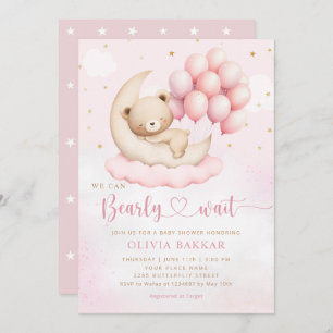 Boho Teddy Bear Girl Pink Bearly Wait Baby Shower Invitation