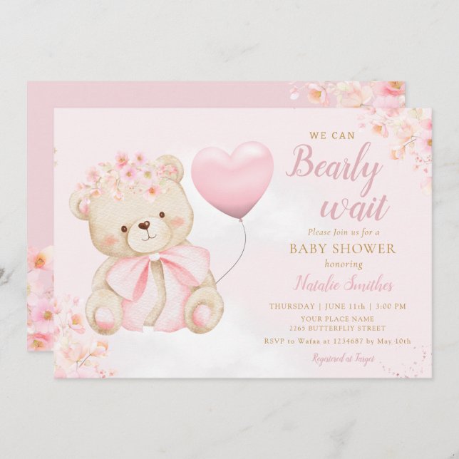 Boho Teddy Bear Girl Pink Bearly Wait Baby Shower Invitation (Front/Back)