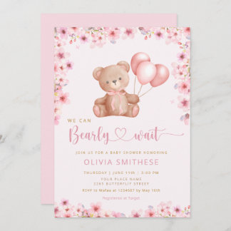 Boho Teddy Bear Girl Pink Bearly Wait Baby Shower Invitation
