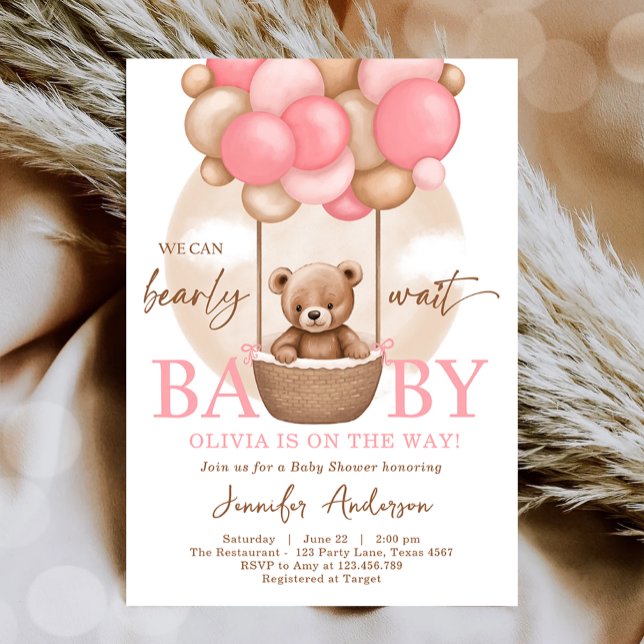 Boho Teddy Bear Girl Pink Bearly Wait Baby Shower  Invitation (Creator Uploaded)