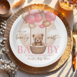 Boho Teddy Bear Girl Pink Bearly Wait Baby Shower  Paper Plate