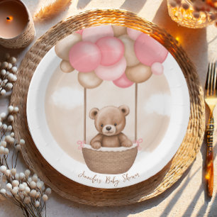 Boho Teddy Bear Girl Pink Bearly Wait Baby Shower  Paper Plate