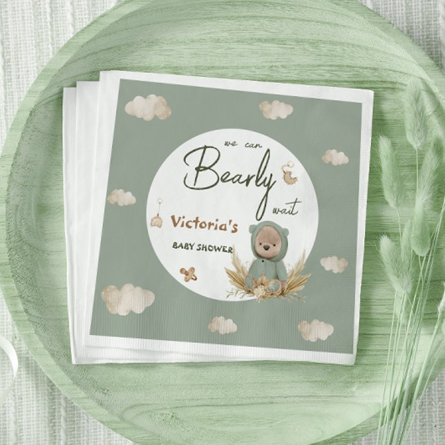 Boho Teddy Bear Green Neutral Baby Shower Napkin (Creator Uploaded)