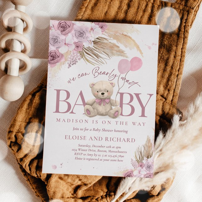 Boho Teddy Bear Mauve Pink Bearly Wait Baby Shower Invitation (Creator Uploaded)