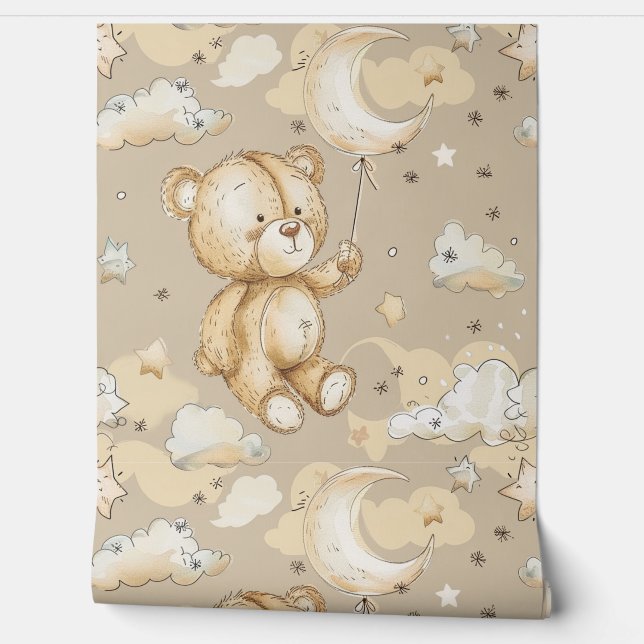 Boho Teddy Bear Pattern Baby Nursery Room  Wallpaper (Unrolling)
